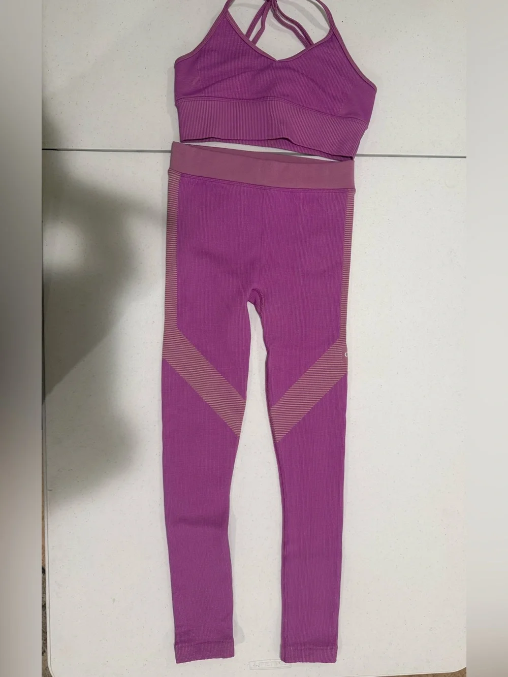 ALO Yoga Women’s Purple & Lime Green Seamless Active Leggings & Bra